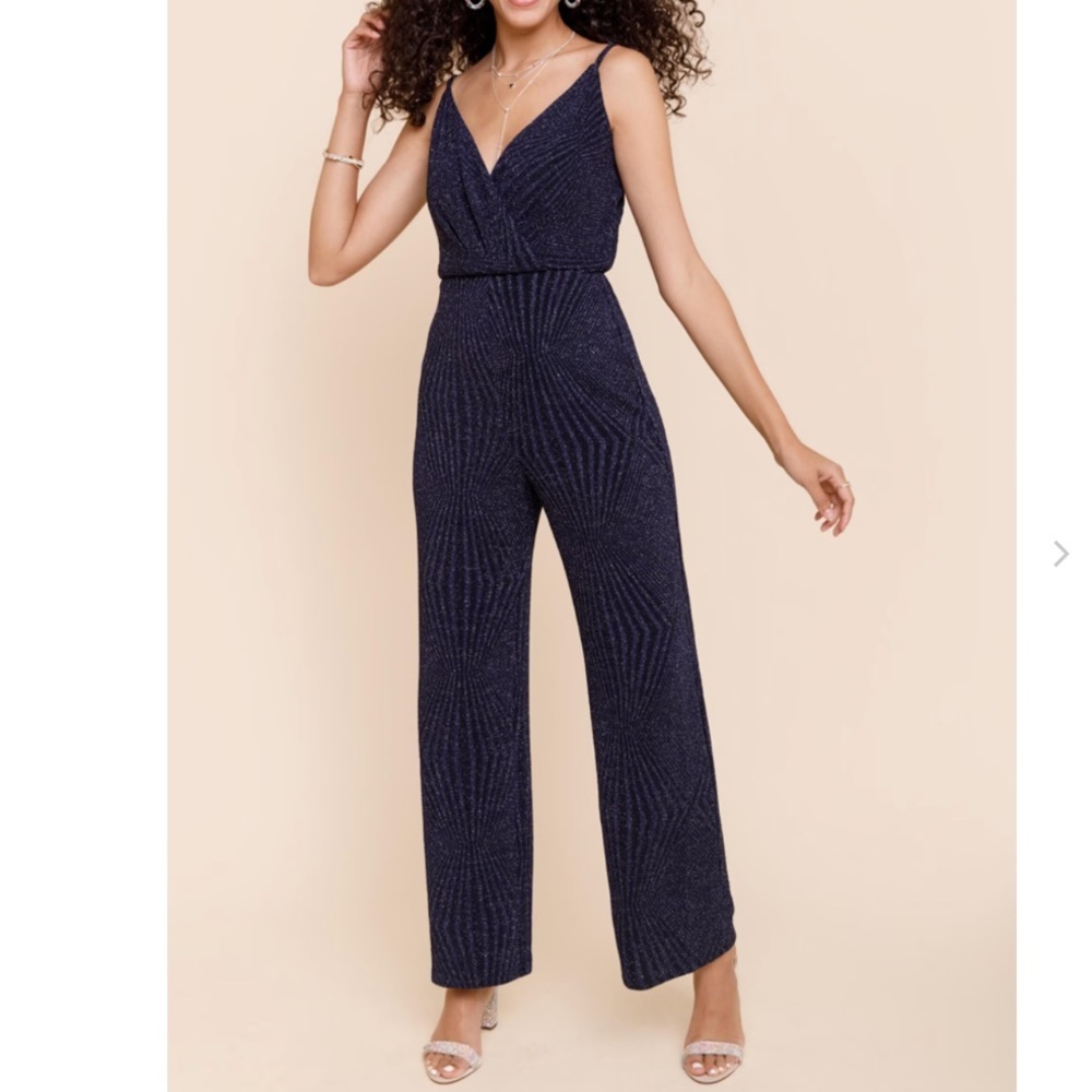 Amber Glitter Lurex Surplice Knit Navy Jumpsuit